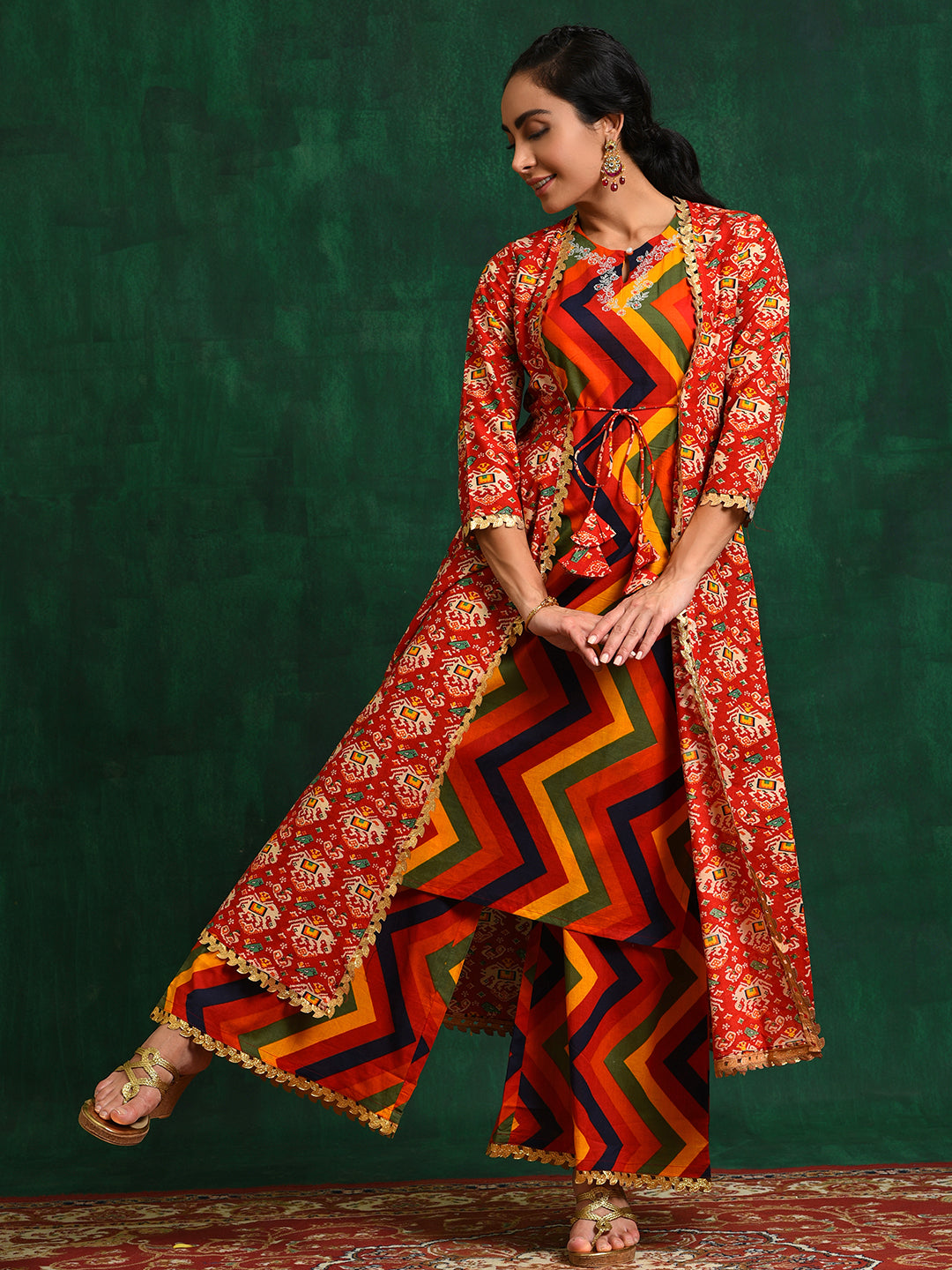 Red Chevrons A-Line Kurta Palazzo With Jacket - Elganza