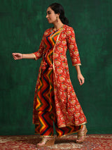 Red Chevrons A-Line Kurta Palazzo With Jacket - Elganza