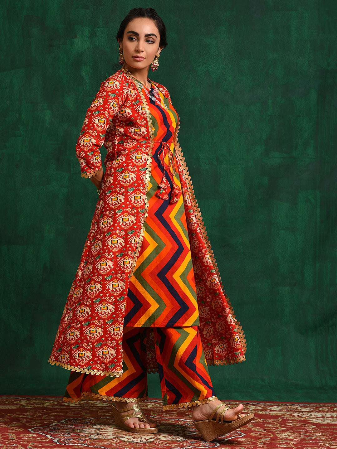 Red Chevrons A-Line Kurta Palazzo With Jacket - Elganza