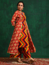 Red Chevrons A-Line Kurta Palazzo With Jacket - Elganza