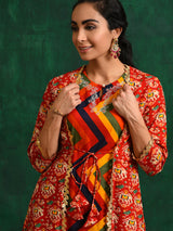 Red Chevrons A-Line Kurta Palazzo With Jacket - Elganza