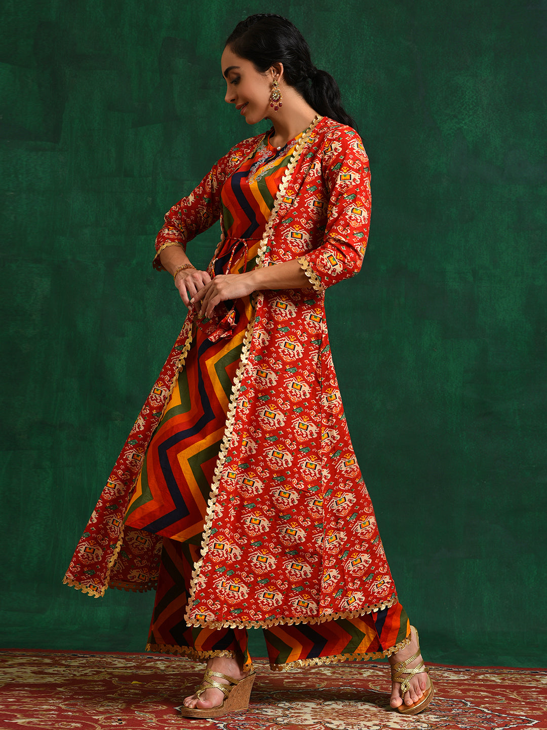 Red Chevrons A-Line Kurta Palazzo With Jacket - Elganza