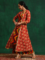 Red Chevrons A-Line Kurta Palazzo With Jacket - Elganza