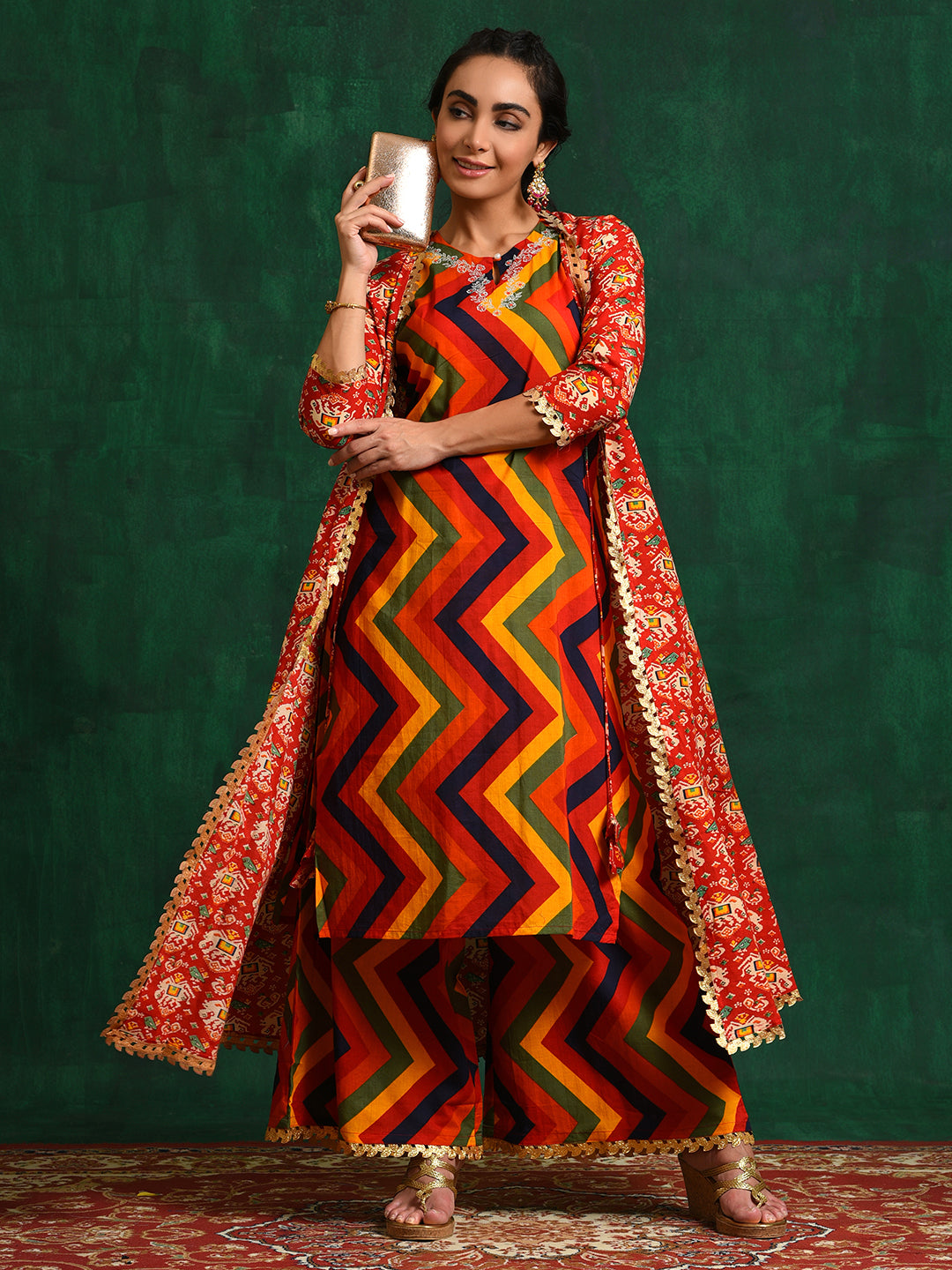 Red Chevrons A-Line Kurta Palazzo With Jacket - Elganza