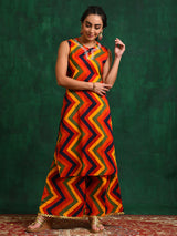 Red Chevrons A-Line Kurta Palazzo With Jacket - Elganza