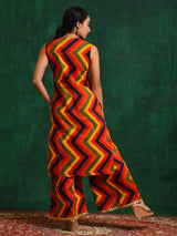 Red Chevrons A-Line Kurta Palazzo With Jacket - Elganza