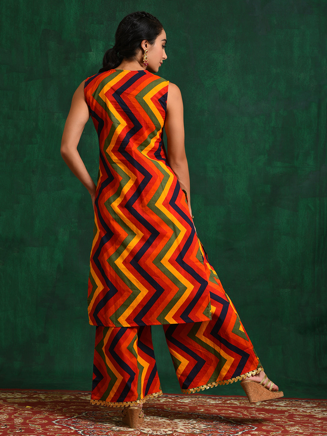 Red Chevrons A-Line Kurta Palazzo With Jacket - Elganza