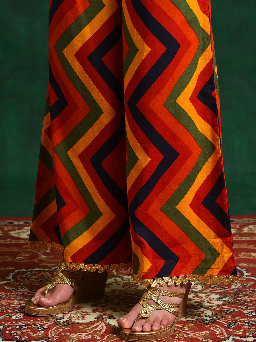Red Chevrons A-Line Kurta Palazzo With Jacket - Elganza