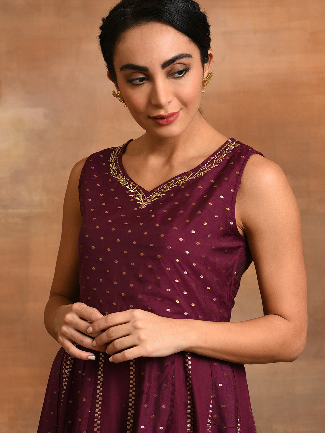 Burgundy Dobby Woven Design Anarkali - Elganza