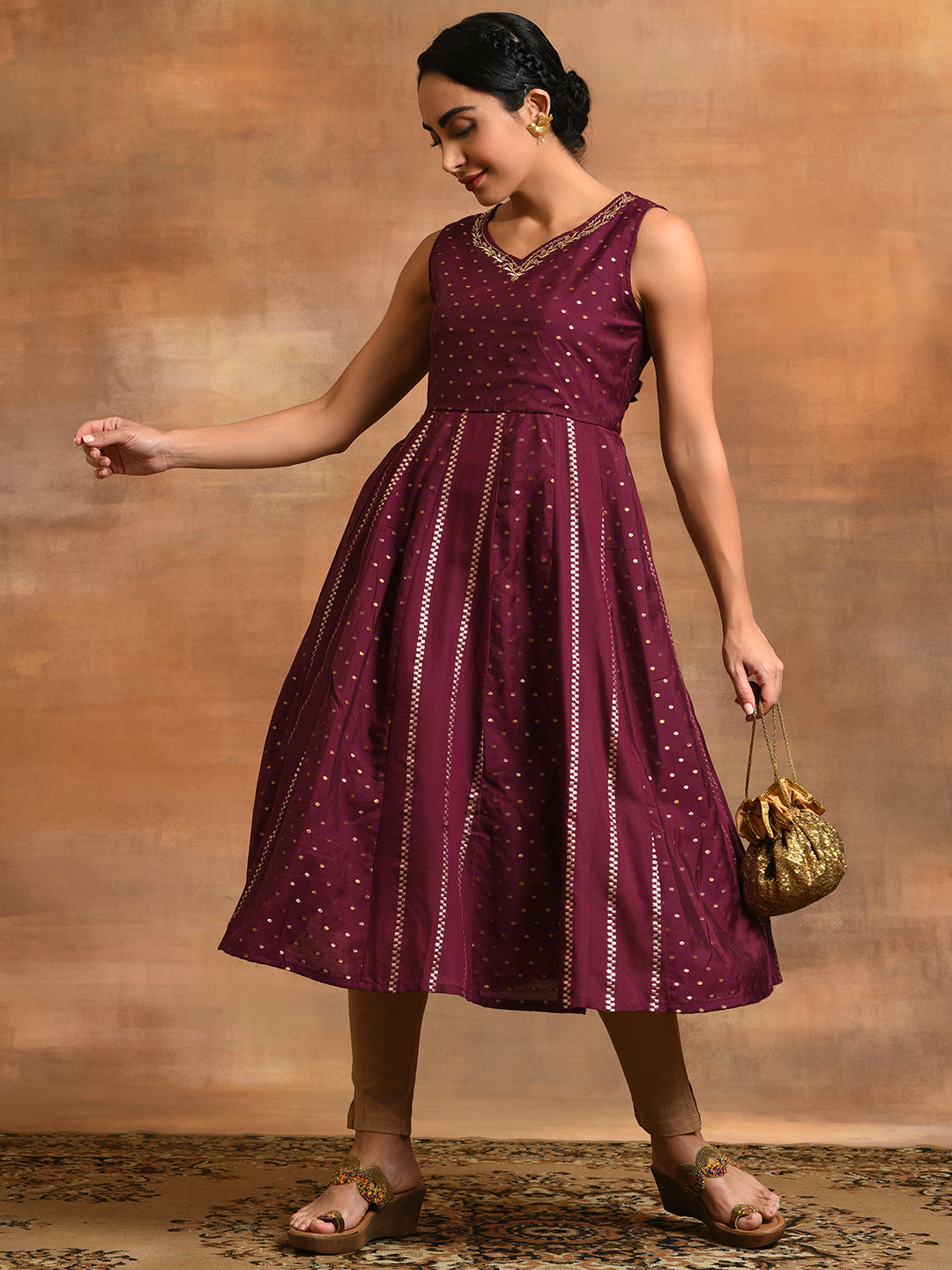 Burgundy Dobby Woven Design Anarkali - Elganza