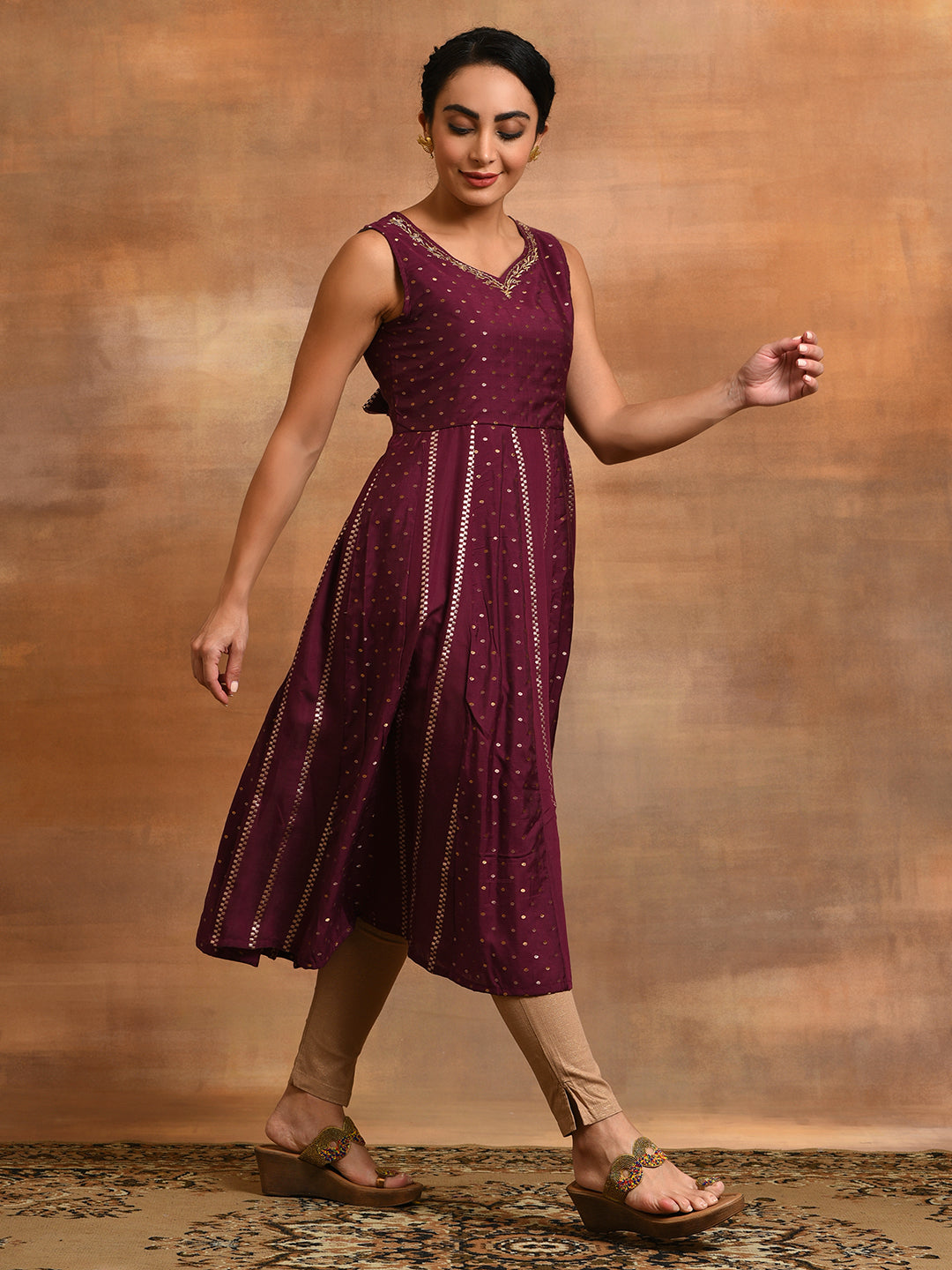 Burgundy Dobby Woven Design Anarkali - Elganza