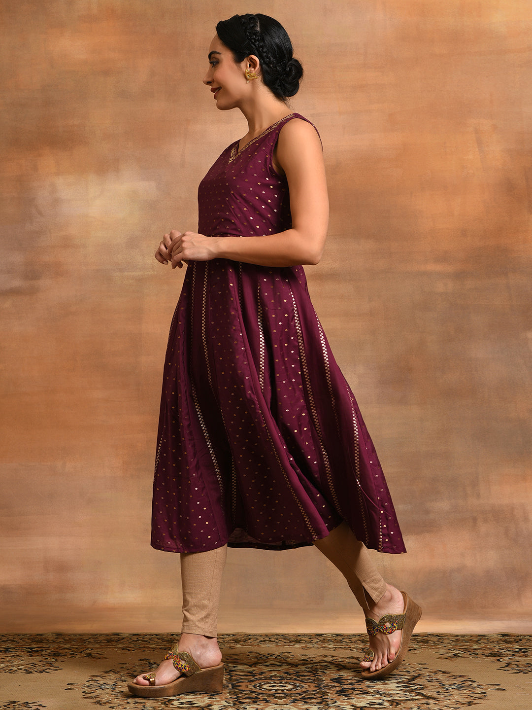 Burgundy Dobby Woven Design Anarkali - Elganza