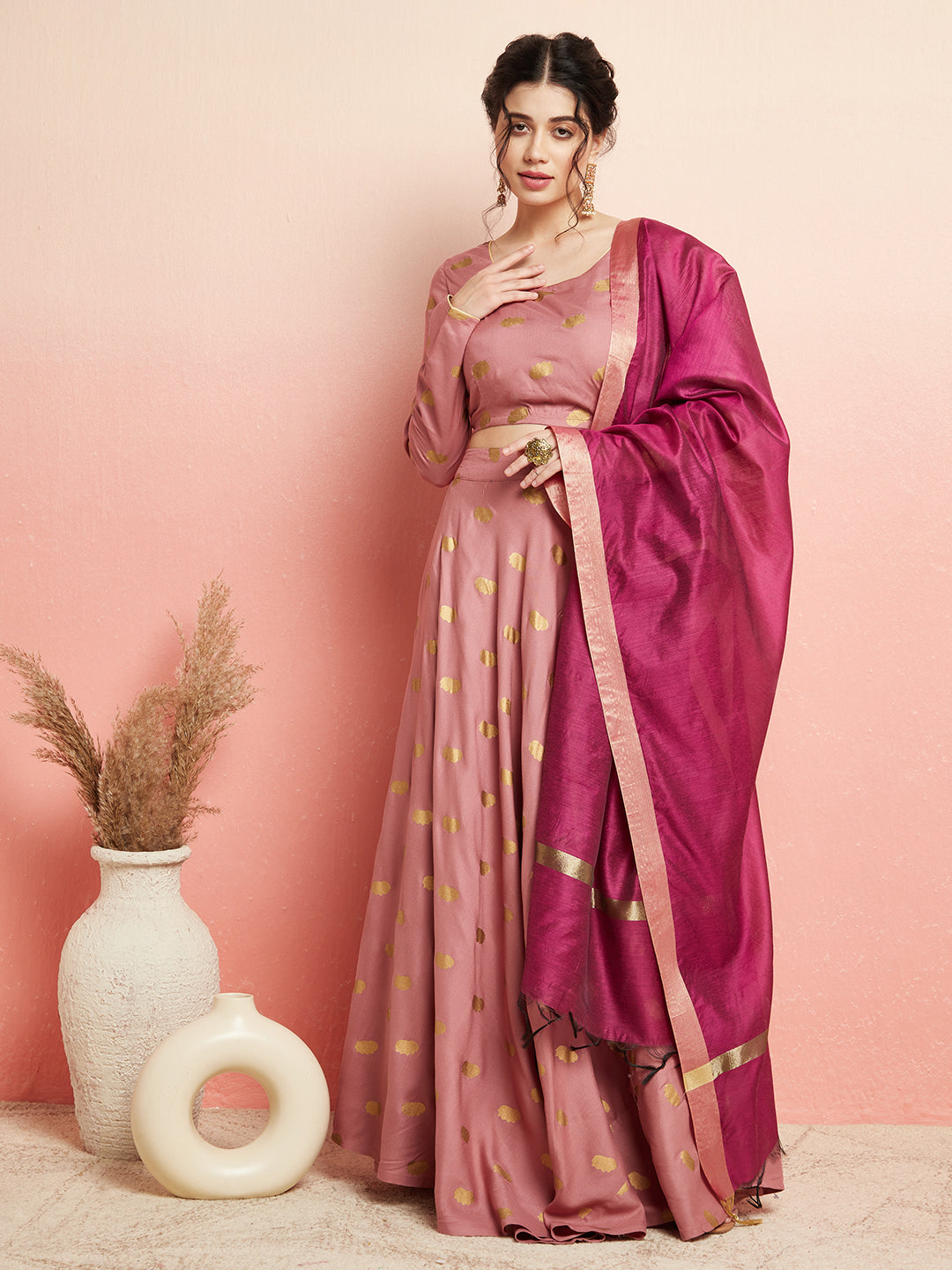 Purple Floral Print Flared Lehenga Choli Set