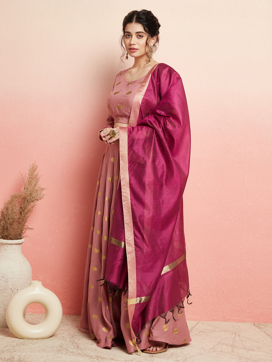 Purple Floral Print Flared Lehenga Choli Set
