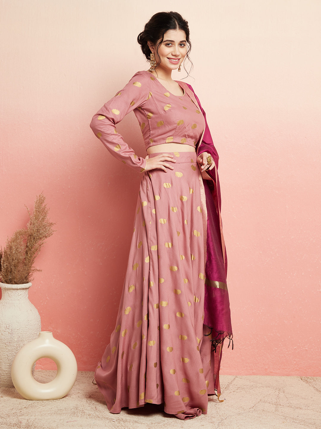 Purple Floral Print Flared Lehenga Choli Set