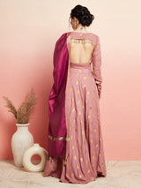 Purple Floral Print Flared Lehenga Choli Set