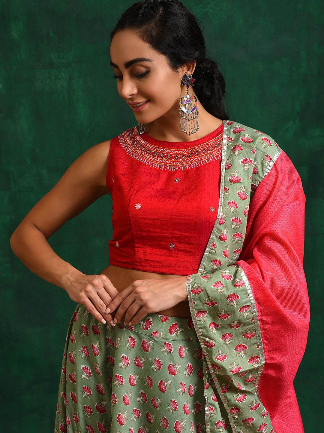 Sea Green Floral Print Lehenga Choli With Dupatta - Elganza