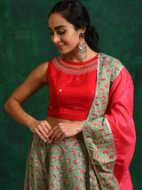 Sea Green Floral Print Lehenga Choli With Dupatta - Elganza
