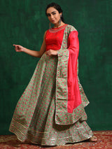 Sea Green Floral Print Lehenga Choli With Dupatta - Elganza