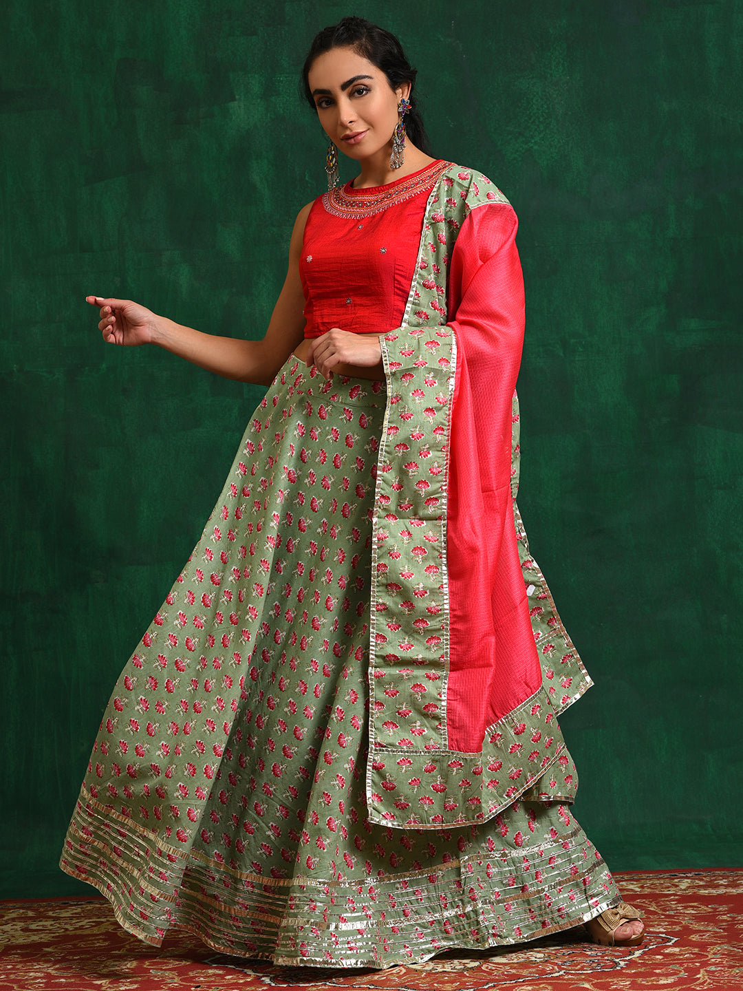 Sea Green Floral Print Lehenga Choli With Dupatta - Elganza