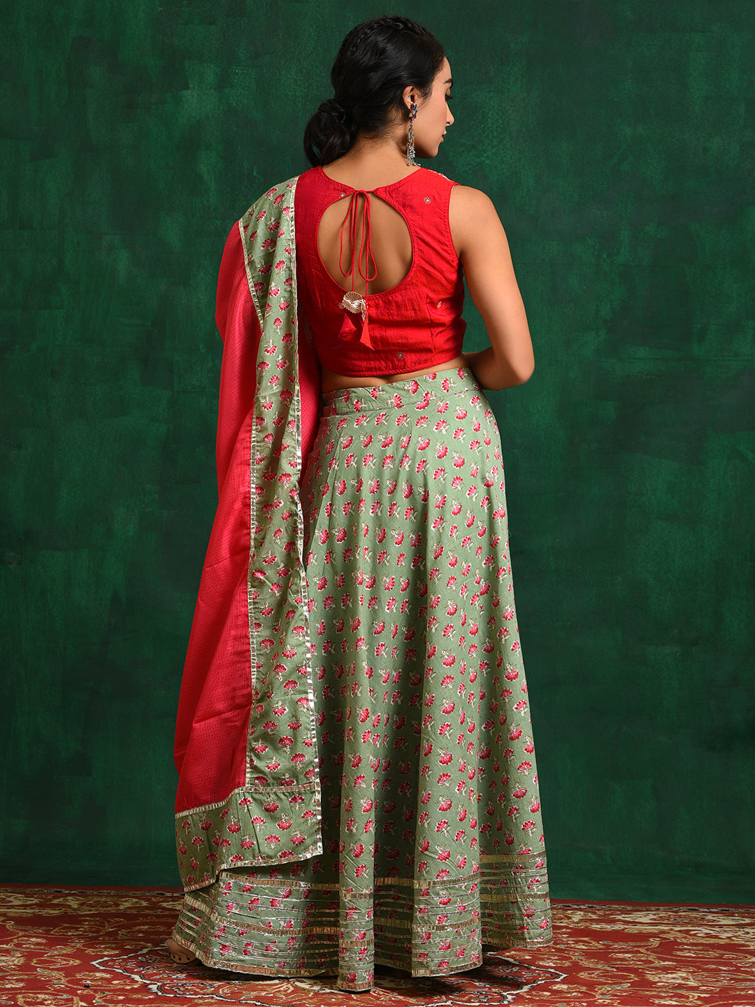 Sea Green Floral Print Lehenga Choli With Dupatta - Elganza