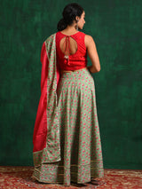Sea Green Floral Print Lehenga Choli With Dupatta - Elganza