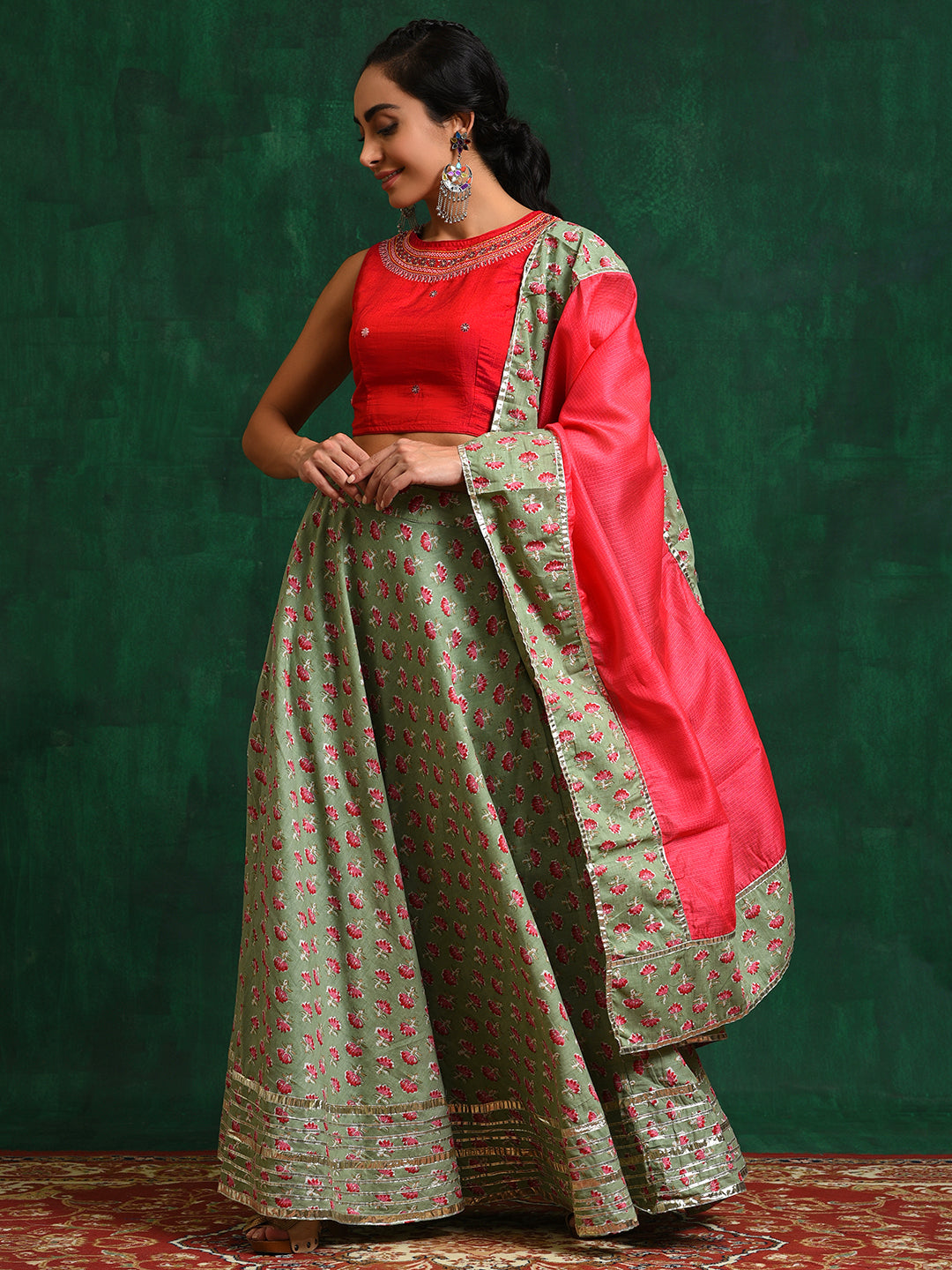 Sea Green Floral Print Lehenga Choli With Dupatta - Elganza