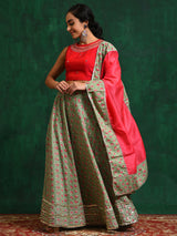 Sea Green Floral Print Lehenga Choli With Dupatta - Elganza