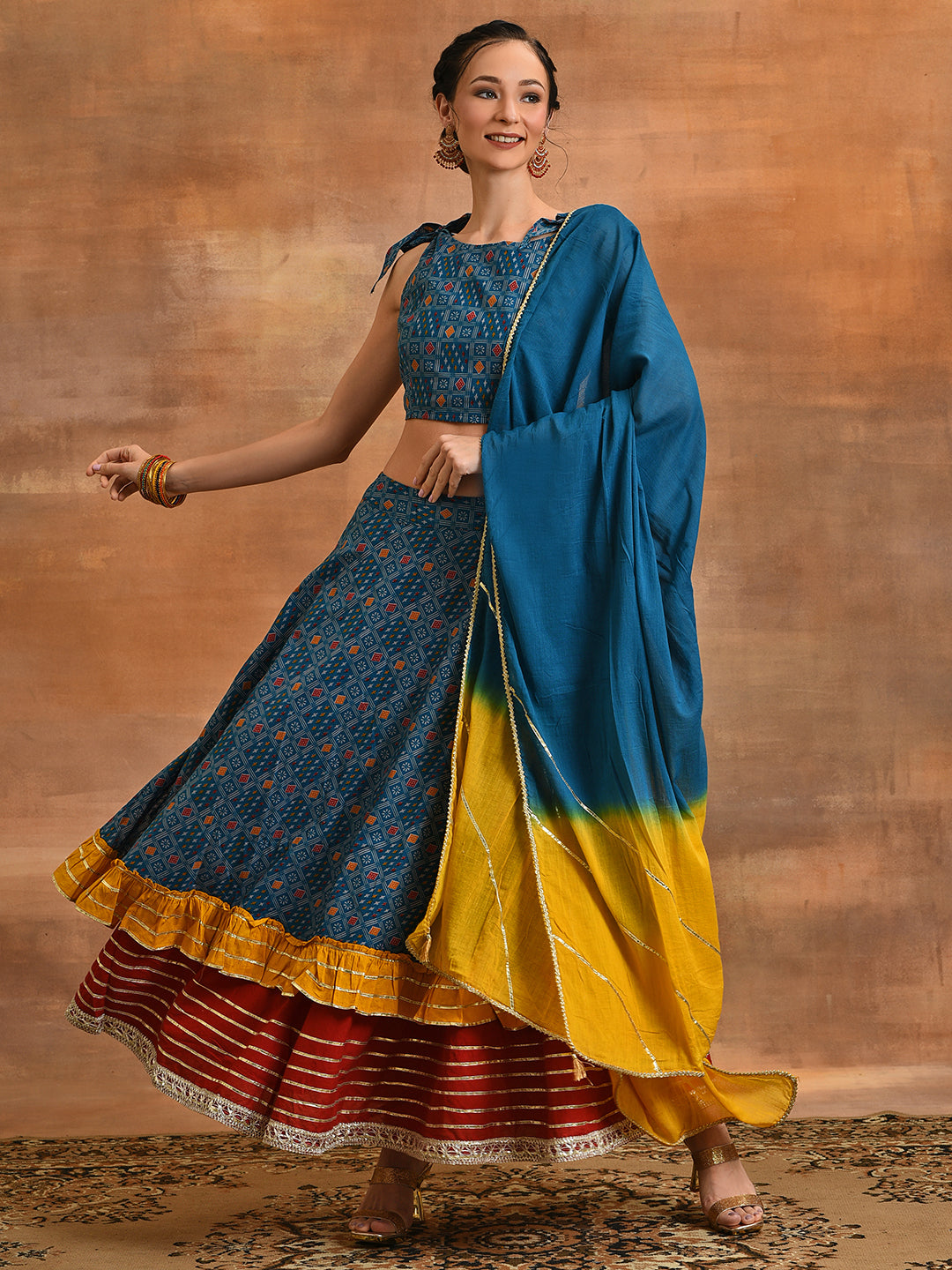 Blue Patola Print Layered Lehenga Choli With Dupatta - Elganza