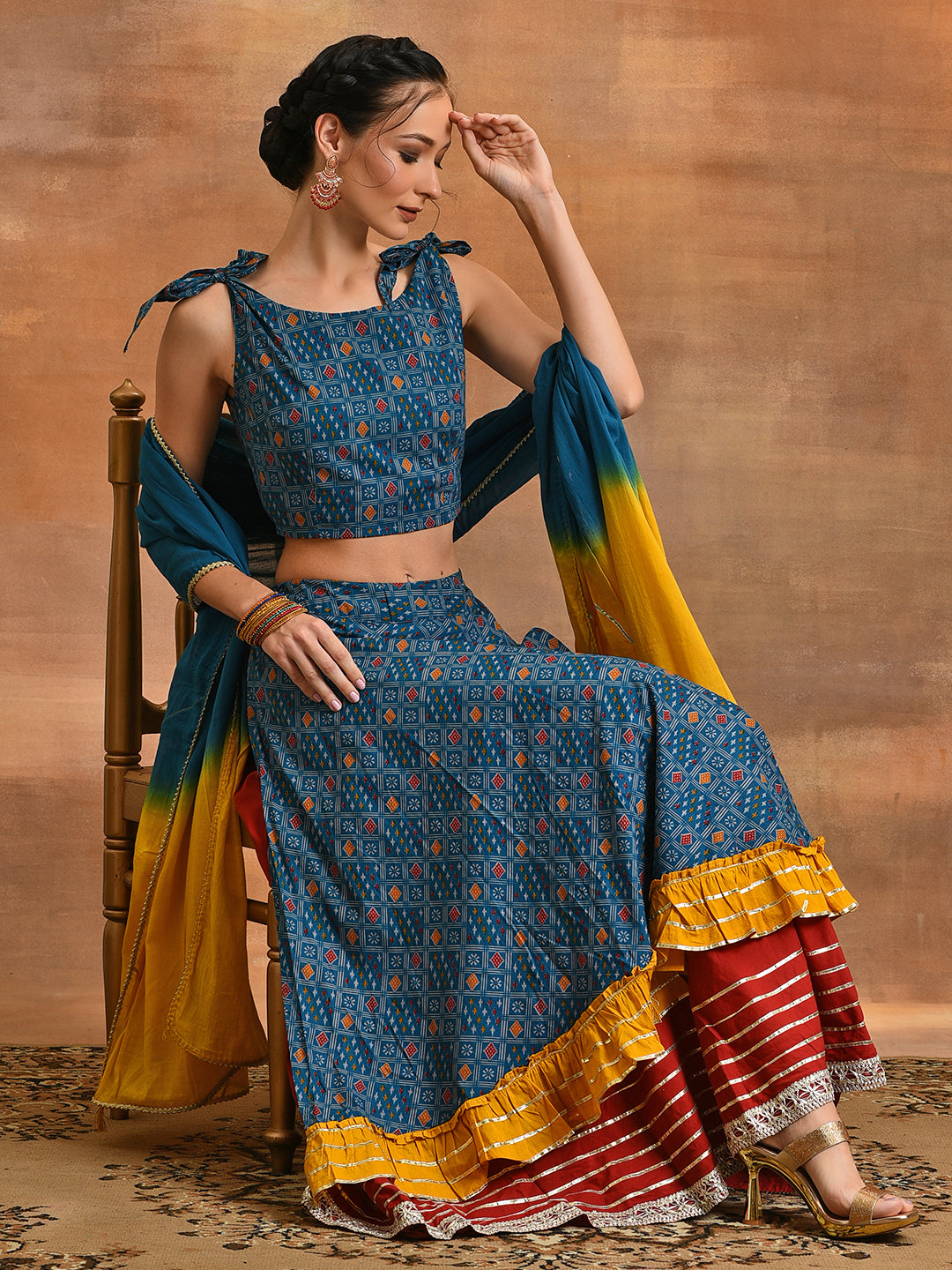 Blue Patola Print Layered Lehenga Choli With Dupatta - Elganza
