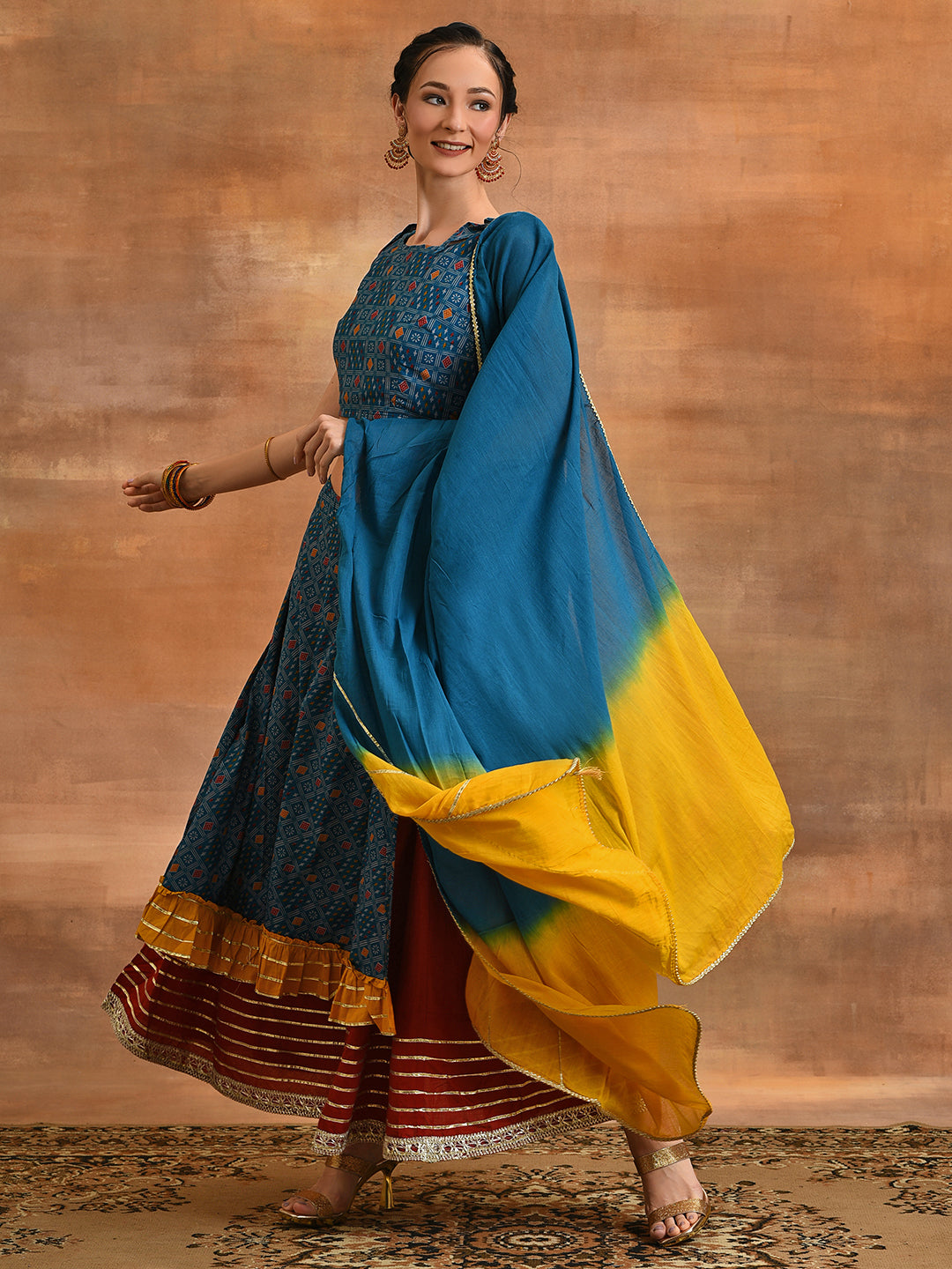 Blue Patola Print Layered Lehenga Choli With Dupatta - Elganza