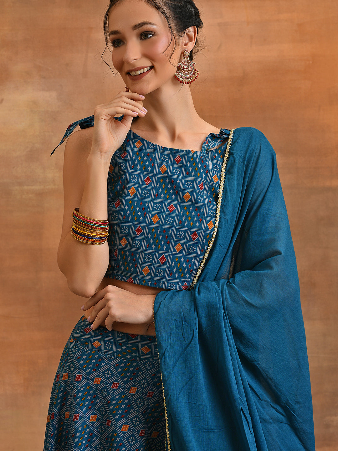 Blue Patola Print Layered Lehenga Choli With Dupatta - Elganza