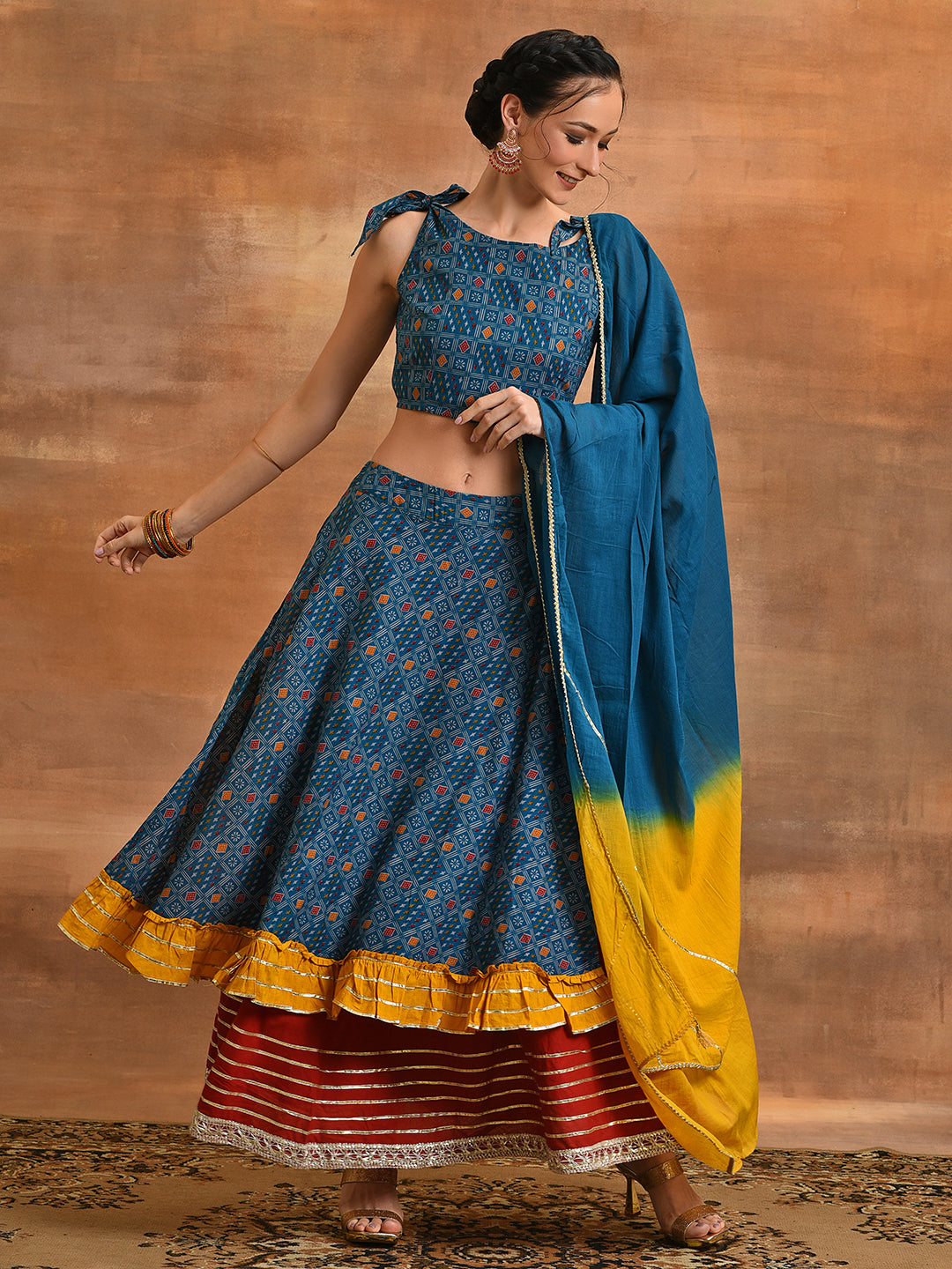 Blue Patola Print Layered Lehenga Choli With Dupatta - Elganza