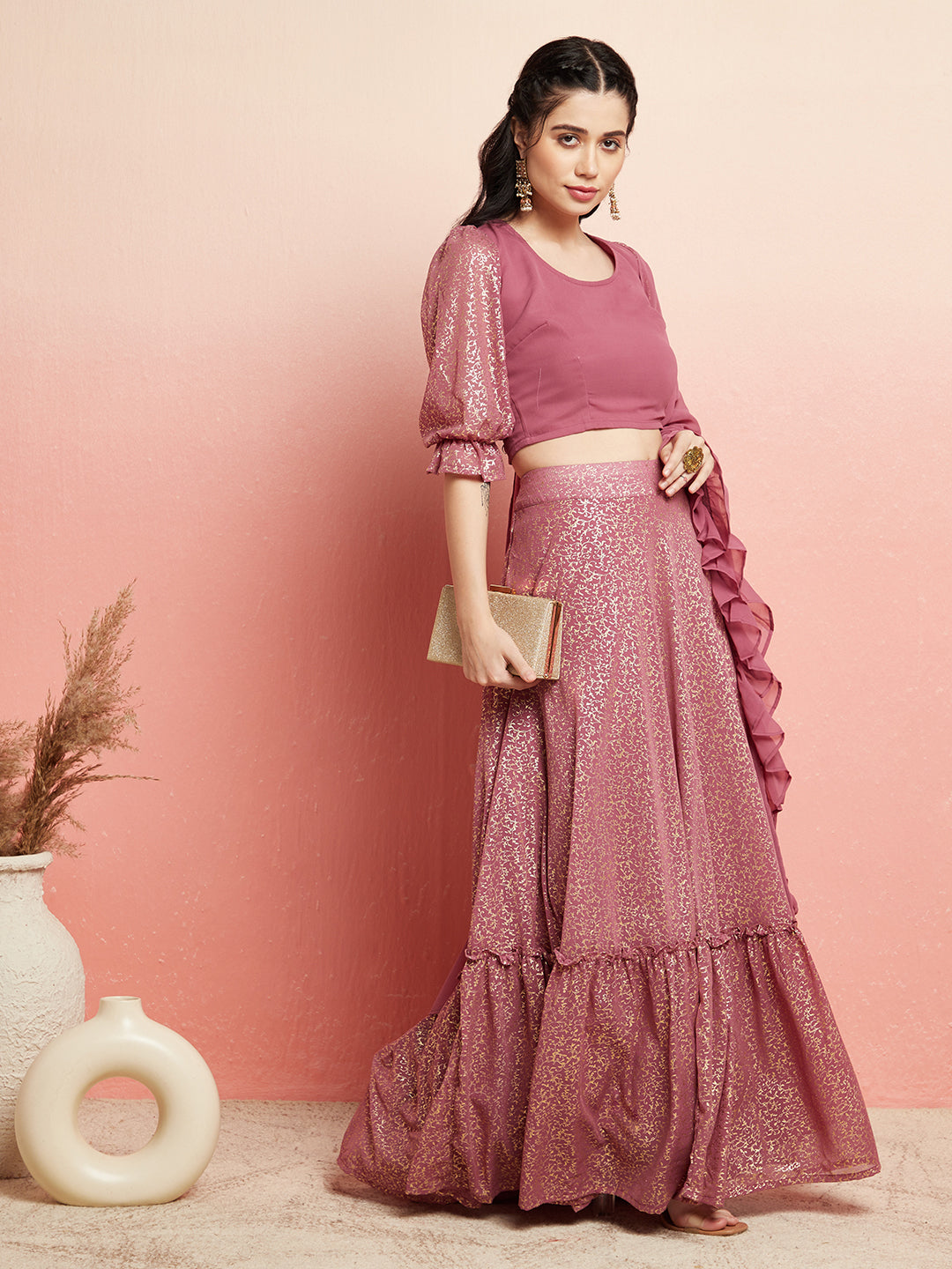 Mauve Gold Foil Printed Lehenga Choli With Ruffle Dupatta - Elganza