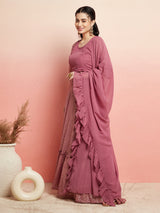 Mauve Gold Foil Printed Lehenga Choli With Ruffle Dupatta - Elganza