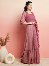 Mauve Gold Foil Printed Lehenga Choli With Ruffle Dupatta - Elganza