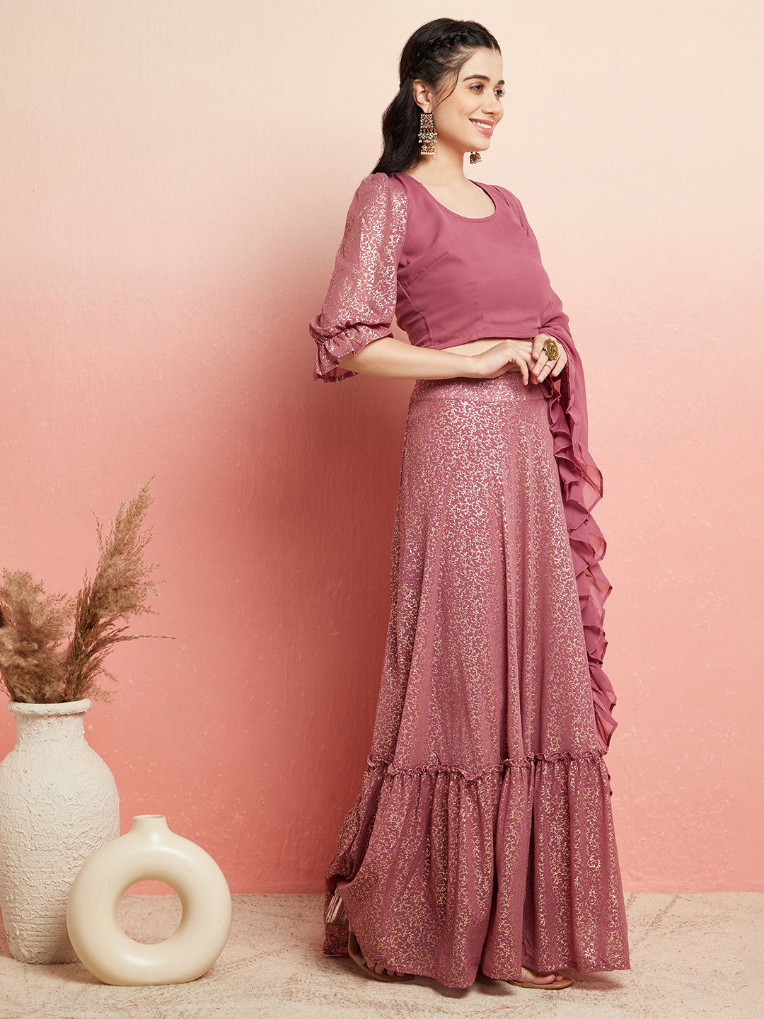 Mauve Gold Foil Printed Lehenga Choli With Ruffle Dupatta - Elganza