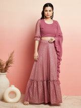 Mauve Gold Foil Printed Lehenga Choli With Ruffle Dupatta - Elganza