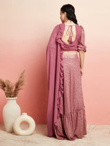 Mauve Gold Foil Printed Lehenga Choli With Ruffle Dupatta - Elganza