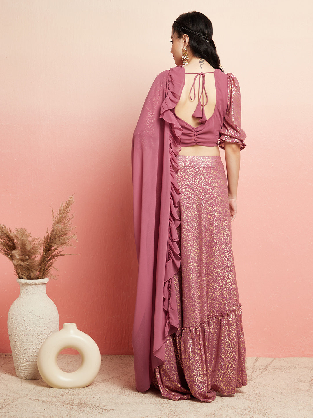 Mauve Gold Foil Printed Lehenga Choli With Ruffle Dupatta - Elganza