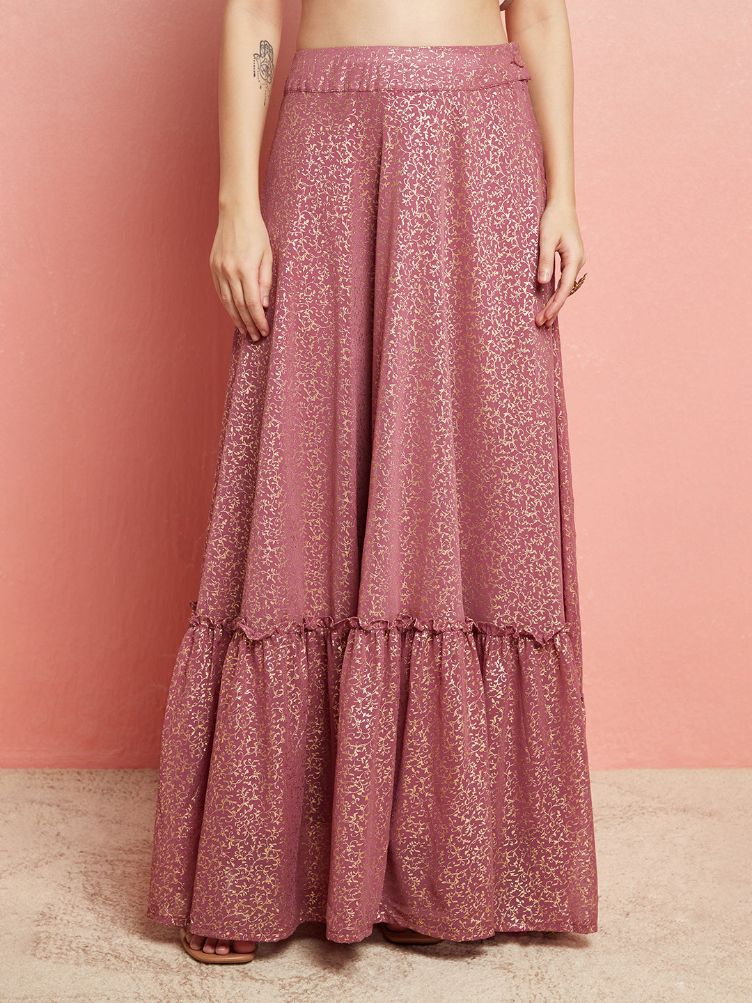 Mauve Gold Foil Printed Lehenga Choli With Ruffle Dupatta - Elganza