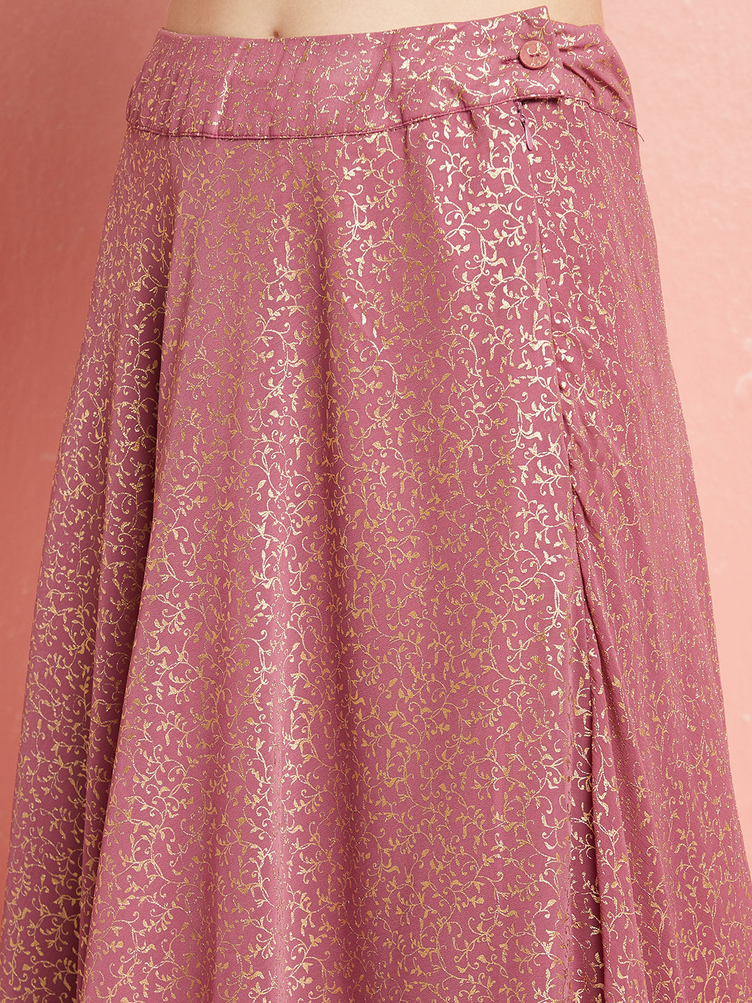 Mauve Gold Foil Printed Lehenga Choli With Ruffle Dupatta - Elganza