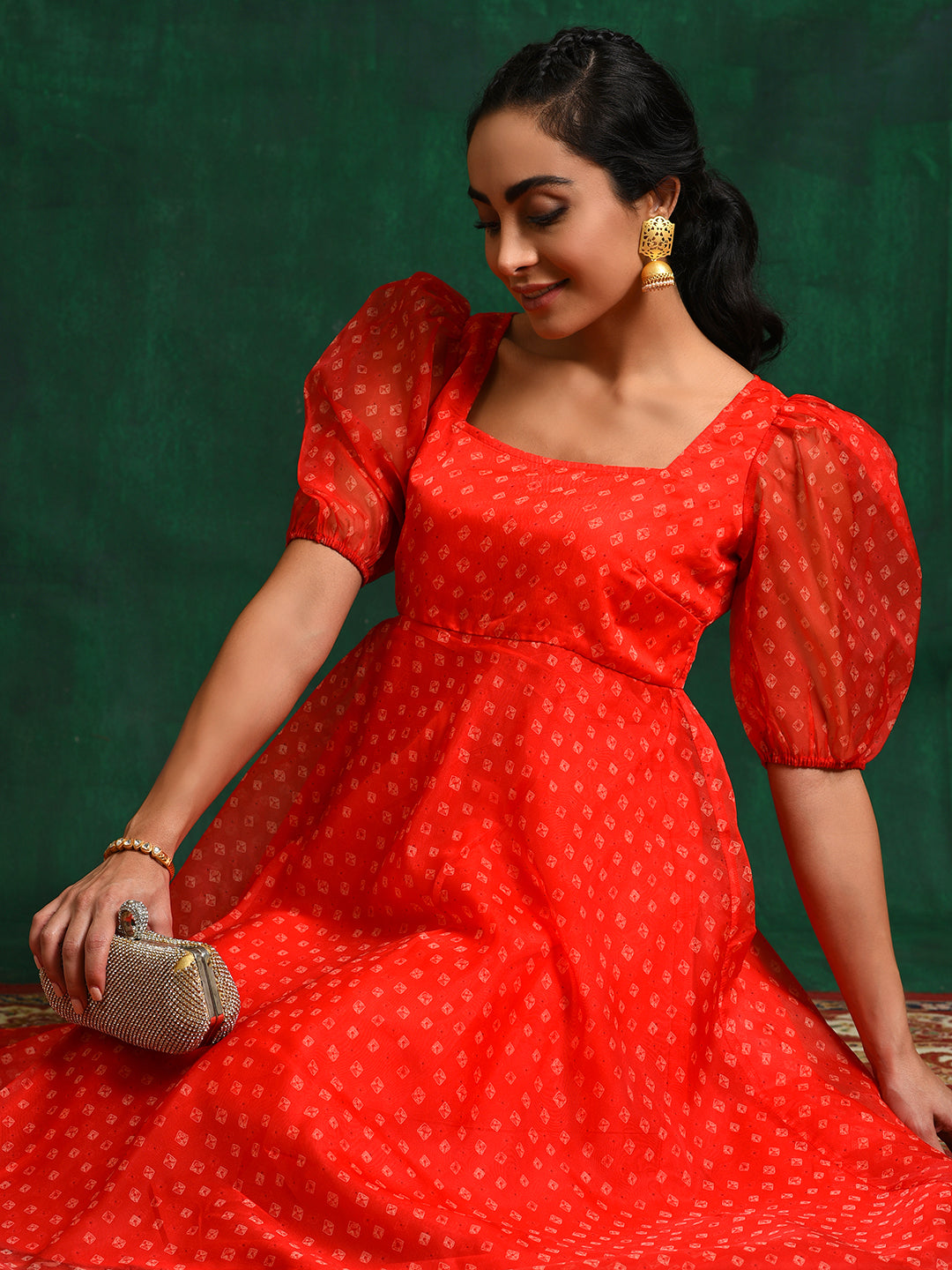 Red Bandhani Print Anarkali - Elganza