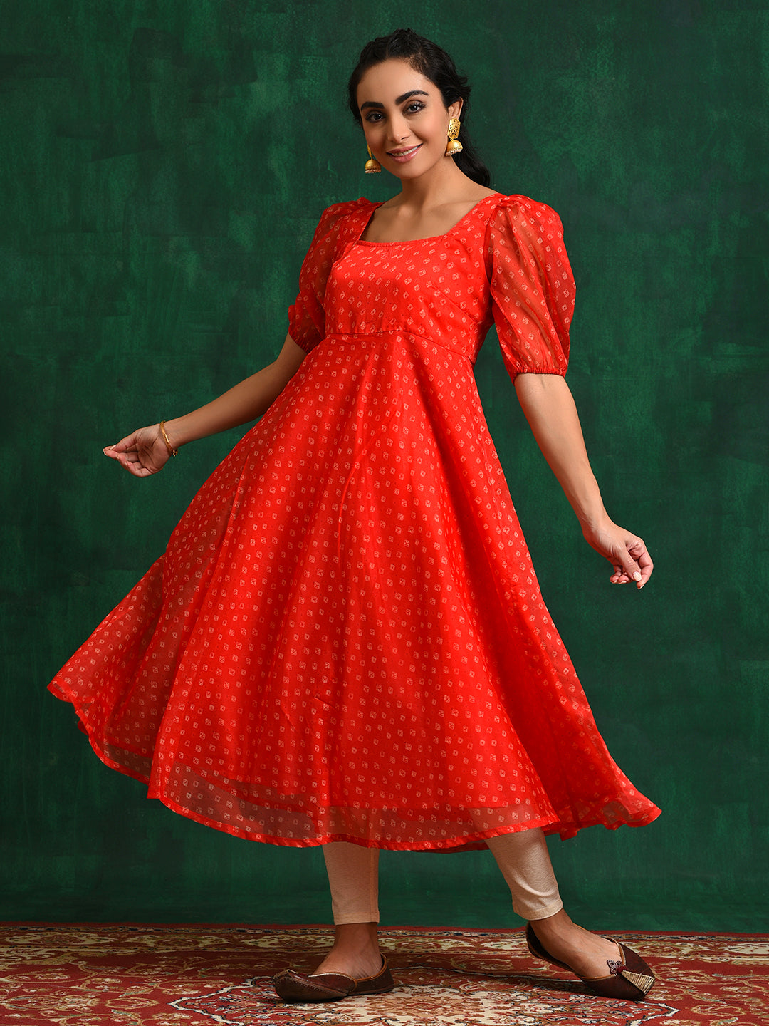 Red Bandhani Print Anarkali - Elganza