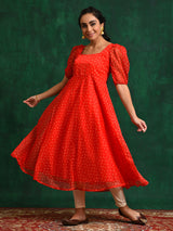 Red Bandhani Print Anarkali - Elganza