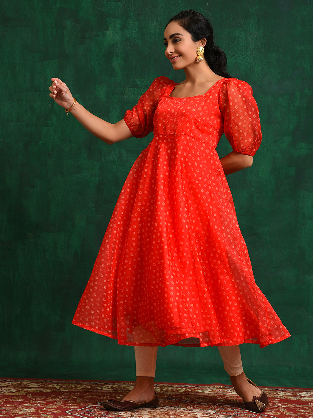 Red Bandhani Print Anarkali - Elganza