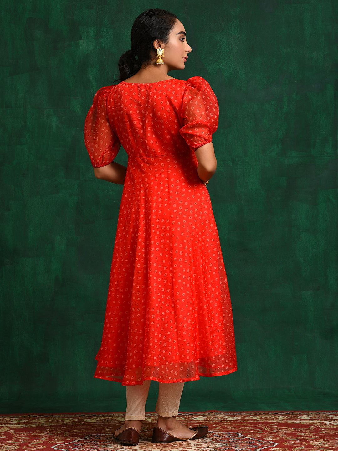 Red Bandhani Print Anarkali - Elganza