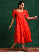 Red Bandhani Print Anarkali - Elganza