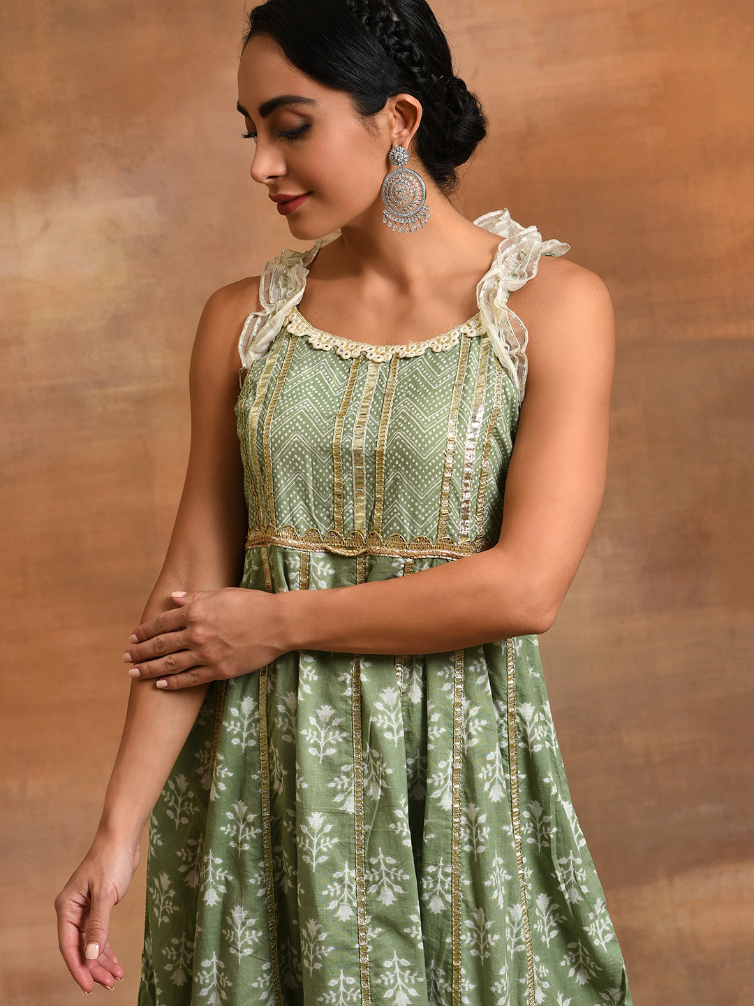 Pastel Green Floral Print Midi Dress With Lace Work - Elganza