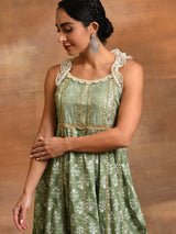 Pastel Green Floral Print Midi Dress With Lace Work - Elganza